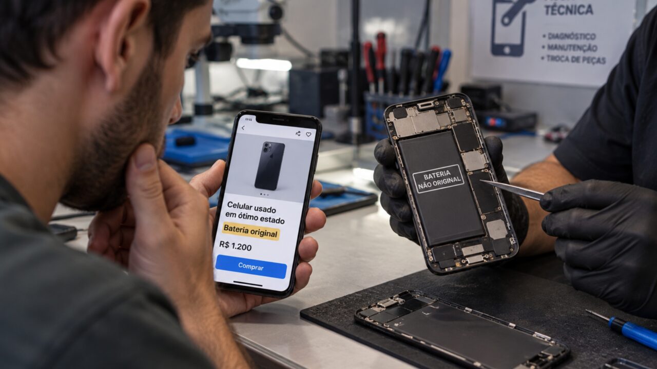 Homem compra celular usado anunciado com bateria original e descobre meses depois, durante manutenção, que aparelho tinha peças trocadas e sinais de reparo interno