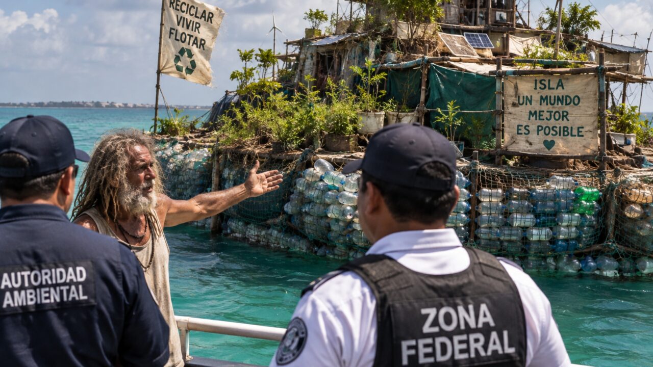 Homem junta 150 mil garrafas PET, monta uma ilha flutuante com as próprias mãos e transforma o espaço em um refúgio isolado no litoral