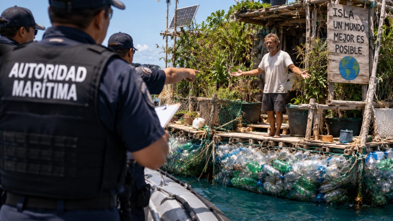 Homem junta 150 mil garrafas PET, monta uma ilha flutuante com as próprias mãos e transforma o espaço em um refúgio isolado no litoral