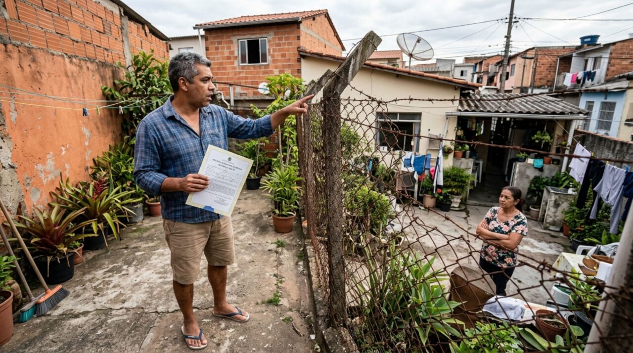 Casal reforma o quintal e descobre que o vizinho usa há anos uma faixa de terreno além da cerca, moradores conferem a matrícula e discutem onde a divisa realmente deveria estar
