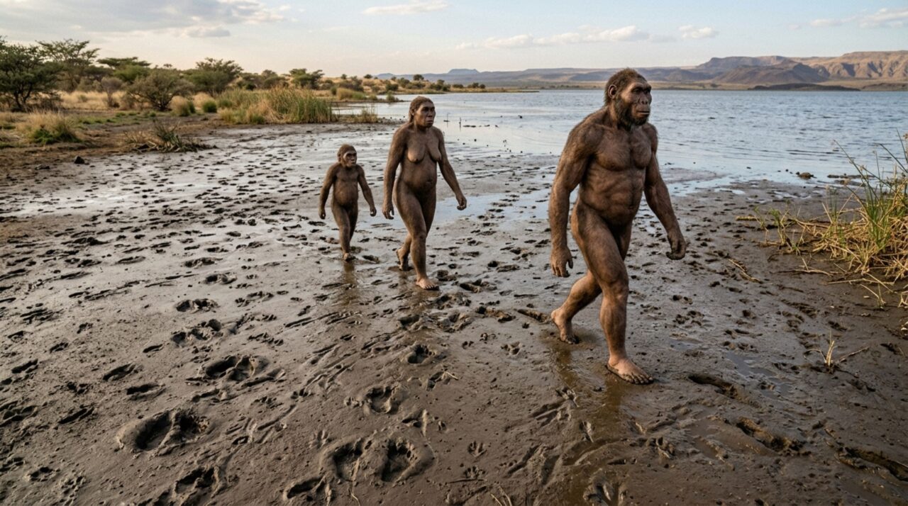 As marcas sugerem que vários hominínios cruzaram o mesmo terreno em um intervalo curto