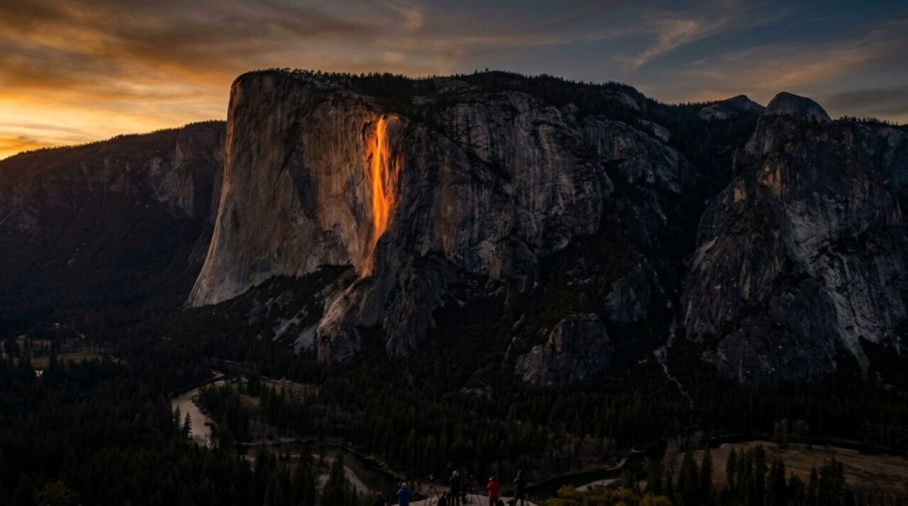 A cachoeira de Yosemite que durante duas semanas de fevereiro parece despejar fogo pela parede de El Capitan, mas pode desaparecer no mesmo entardecer porque várias condições naturais precisam coincidir