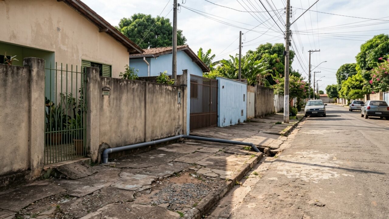 Quando voltou do trabalho, morador encontrou parte da calçada quebrada e uma nova tubulação atravessando a frente de sua casa; vizinho afirma que era o único caminho para ligar o esgoto