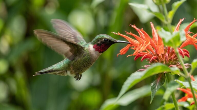 Beija-flor pairando diante de uma flor durante a alimentação