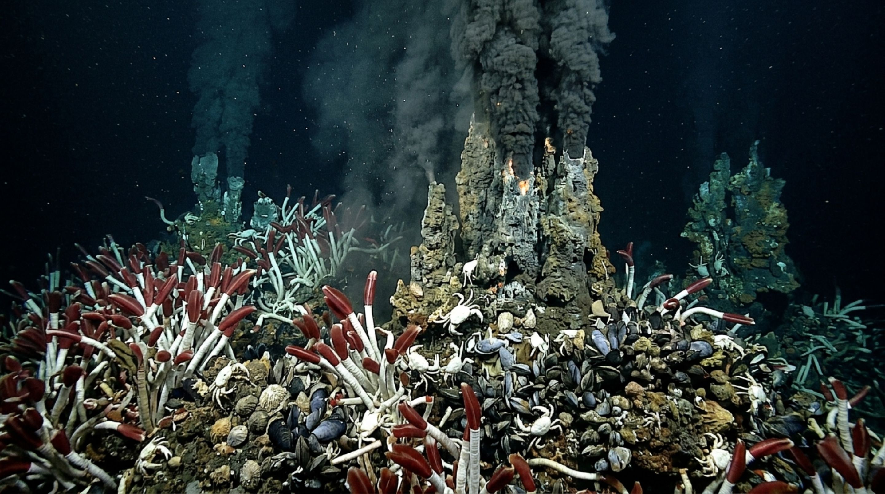 Um fundo oceânico sem luz abriga animais que dependem de bactérias para transformar sulfeto tóxico em energia e formar comunidades inteiras sem usar diretamente a luz do Sol