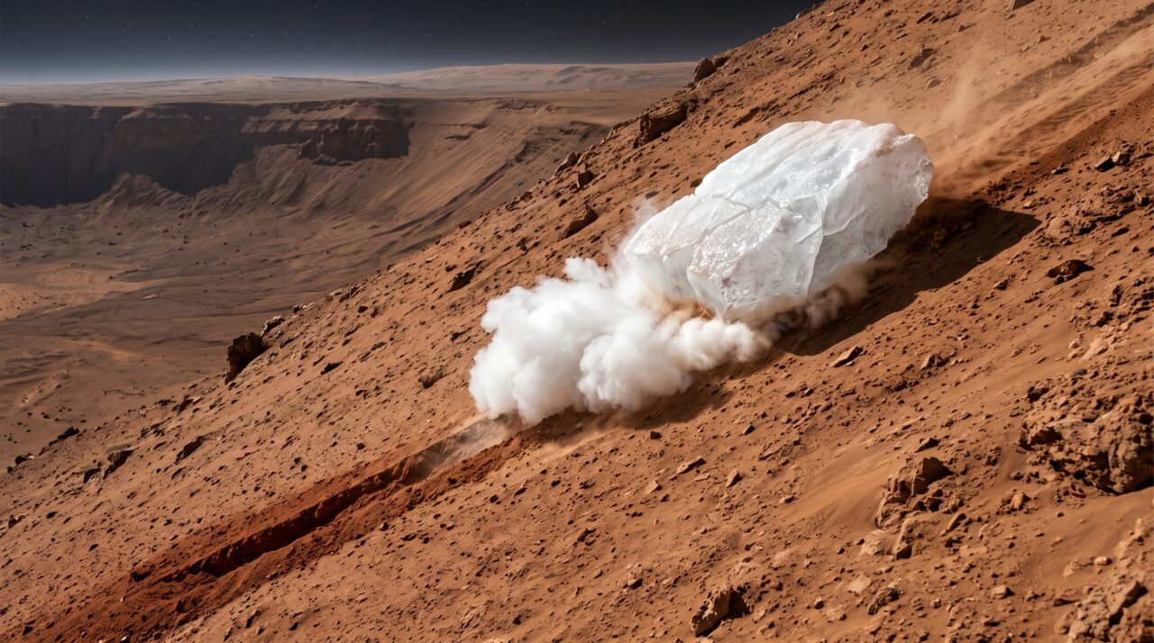 Sulcos continuam surgindo em Marte sem água líquida: gelo de CO2 pode deslizar como se estivesse sobre uma mesa de ar