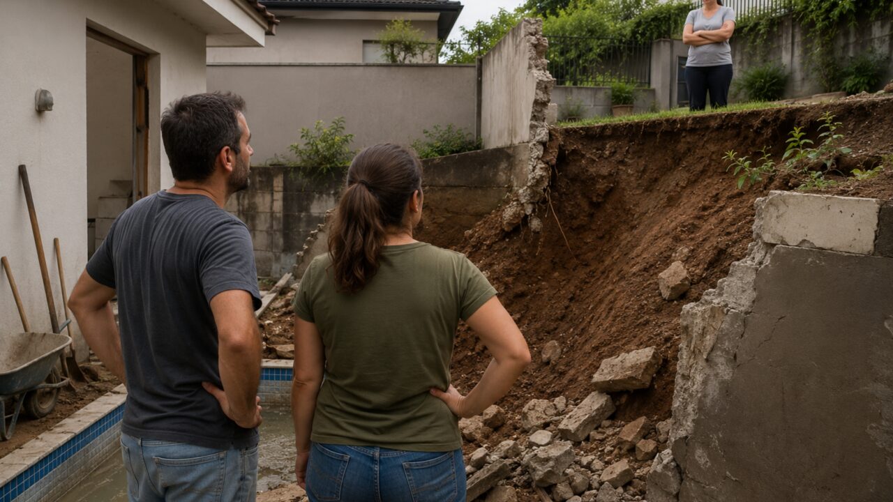Família derruba parede nos fundos para construir piscina e descobre que estrutura também segurava terreno vizinho 1,4 metro mais alto