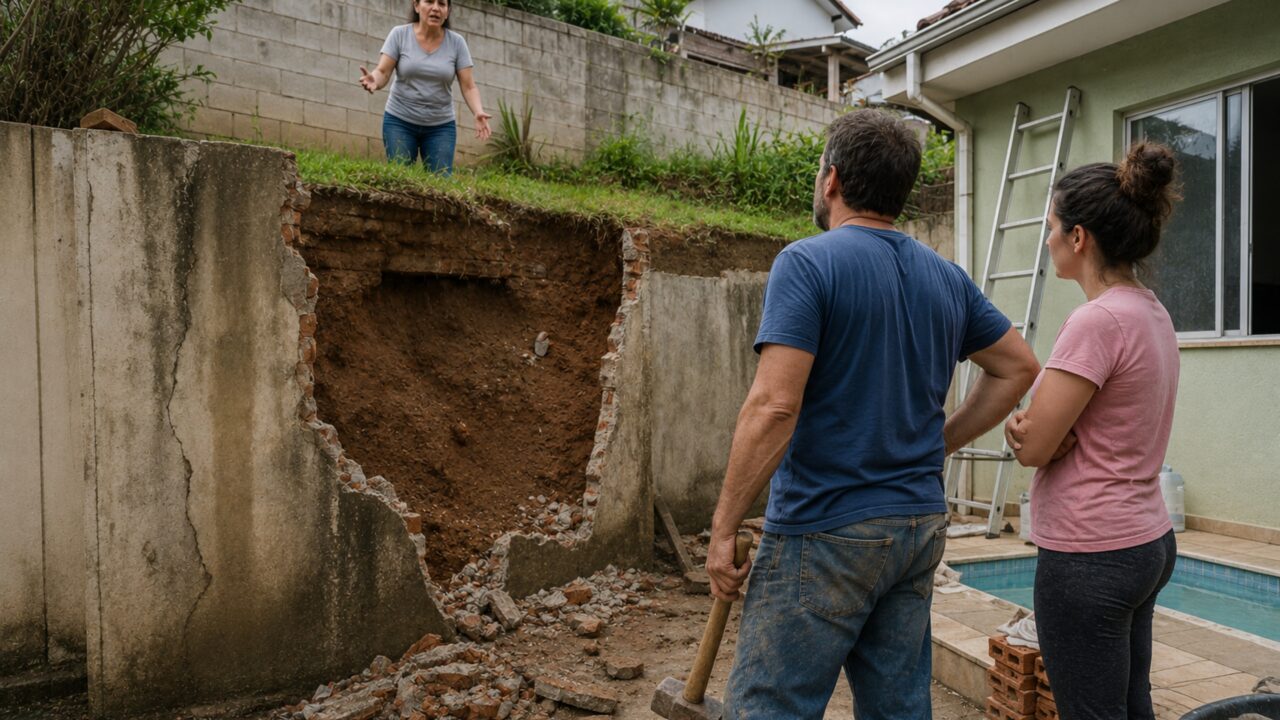 Família derruba parede nos fundos para construir piscina e descobre que estrutura também segurava terreno vizinho 1,4 metro mais alto