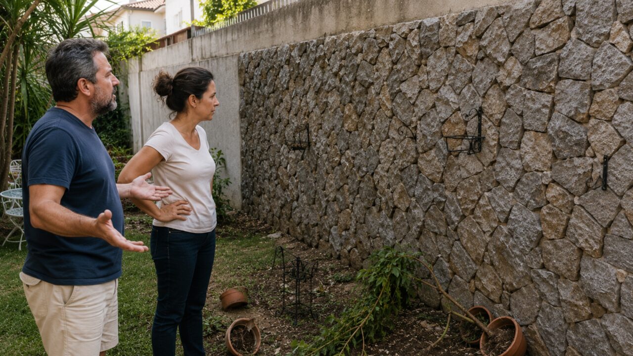 Casal viaja por sete dias e encontra 13 metros do muro compartilhado revestidos com pedras e todas as suas plantas removidas