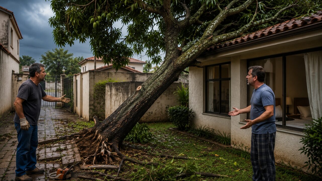 Vizinho corta raízes de mangueira para recuperar a calçada e, após temporal, árvore começa a inclinar sobre o telhado da casa ao lado