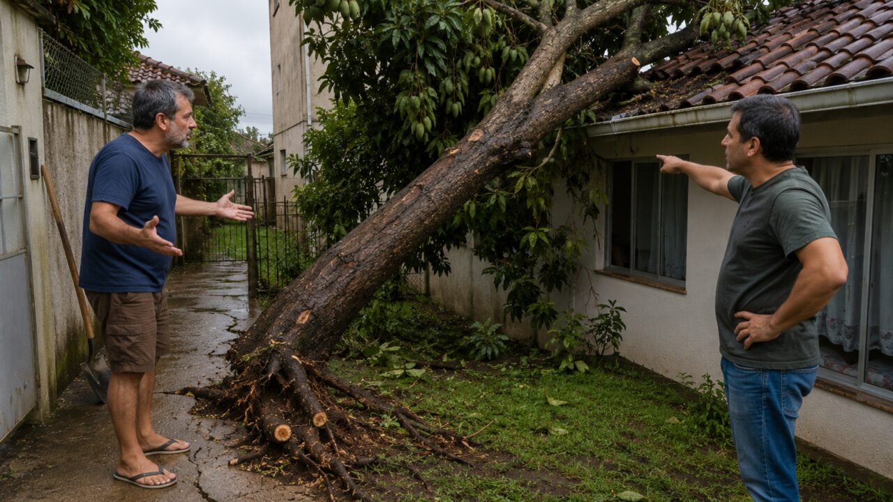 Vizinho corta raízes de mangueira para recuperar a calçada e, após temporal, árvore começa a inclinar sobre o telhado da casa ao lado