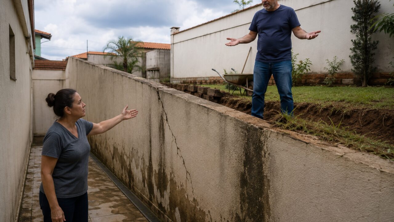 Vizinho eleva quintal em 70 centímetros para nivelar área de lazer e terra passa a pressionar todo o muro lateral