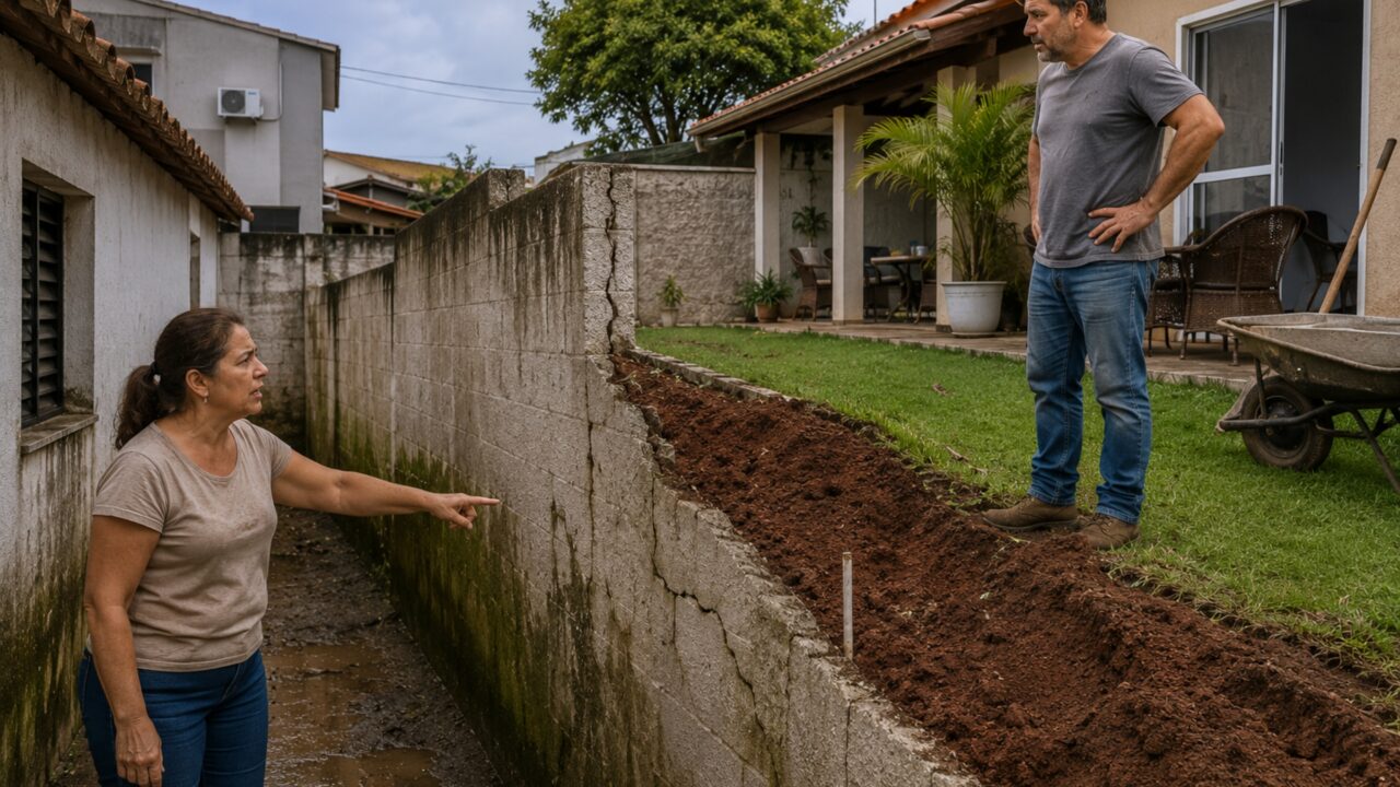 Vizinho eleva quintal em 70 centímetros para nivelar área de lazer e terra passa a pressionar todo o muro lateral