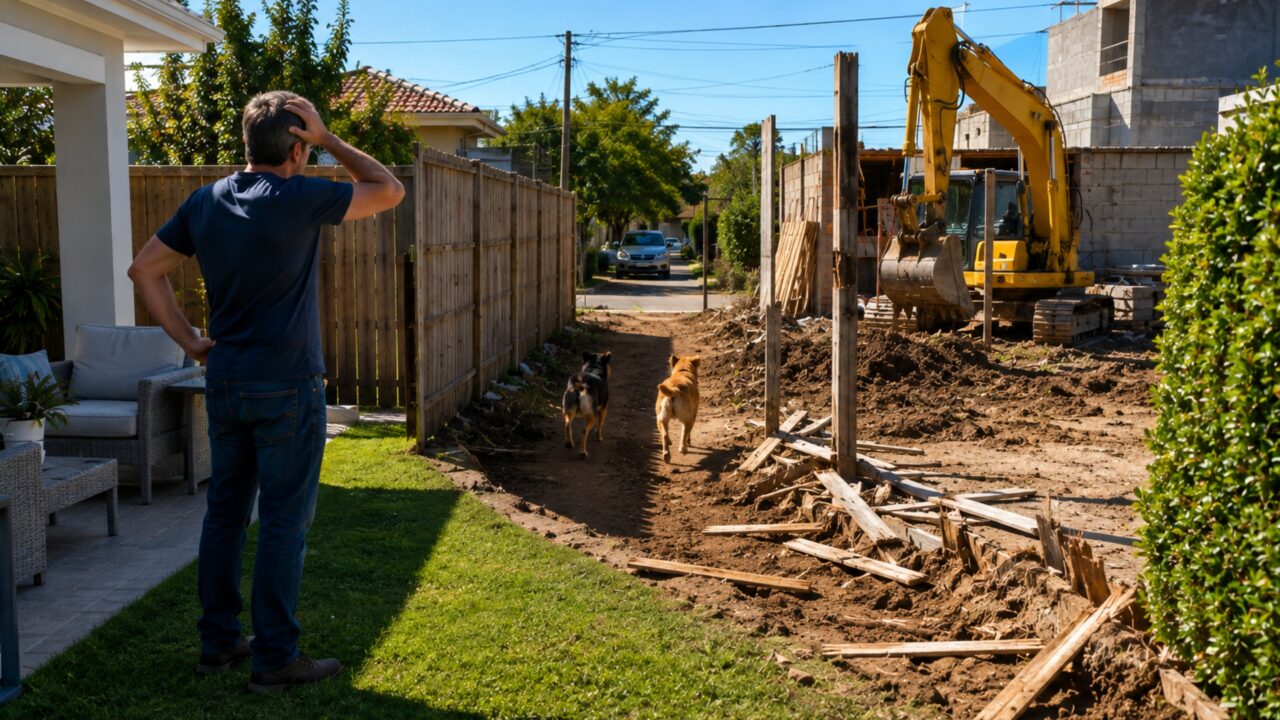 Família passa quatro dias fora e volta encontrando 17 metros de cerca retirados para permitir entrada de escavadeira na obra vizinha