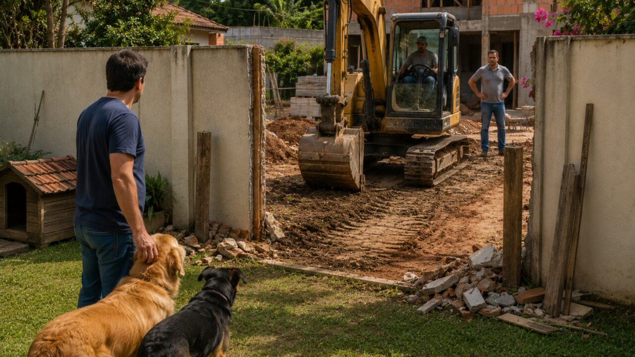 Família passa quatro dias fora e volta encontrando 17 metros de cerca retirados para permitir entrada de escavadeira na obra vizinha