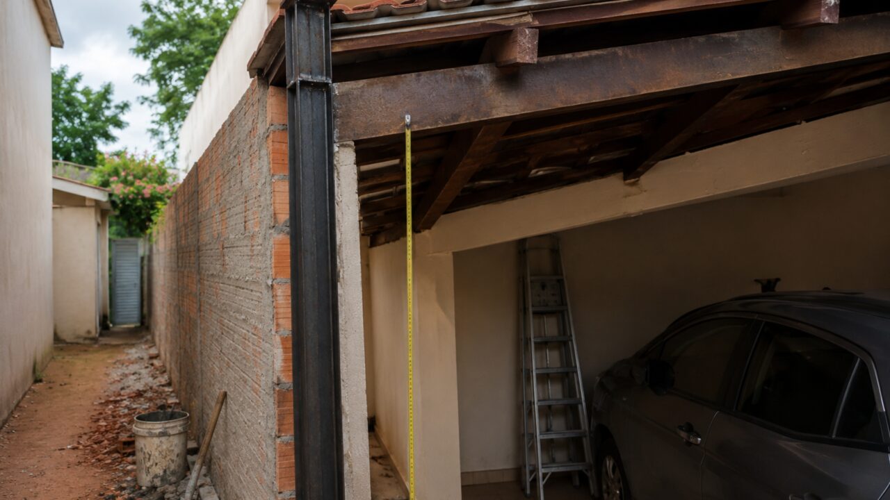 Pedreiro retira poste de ferro que parecia sustentar apenas uma cerca e cobertura da garagem vizinha começa a ceder sobre o carro