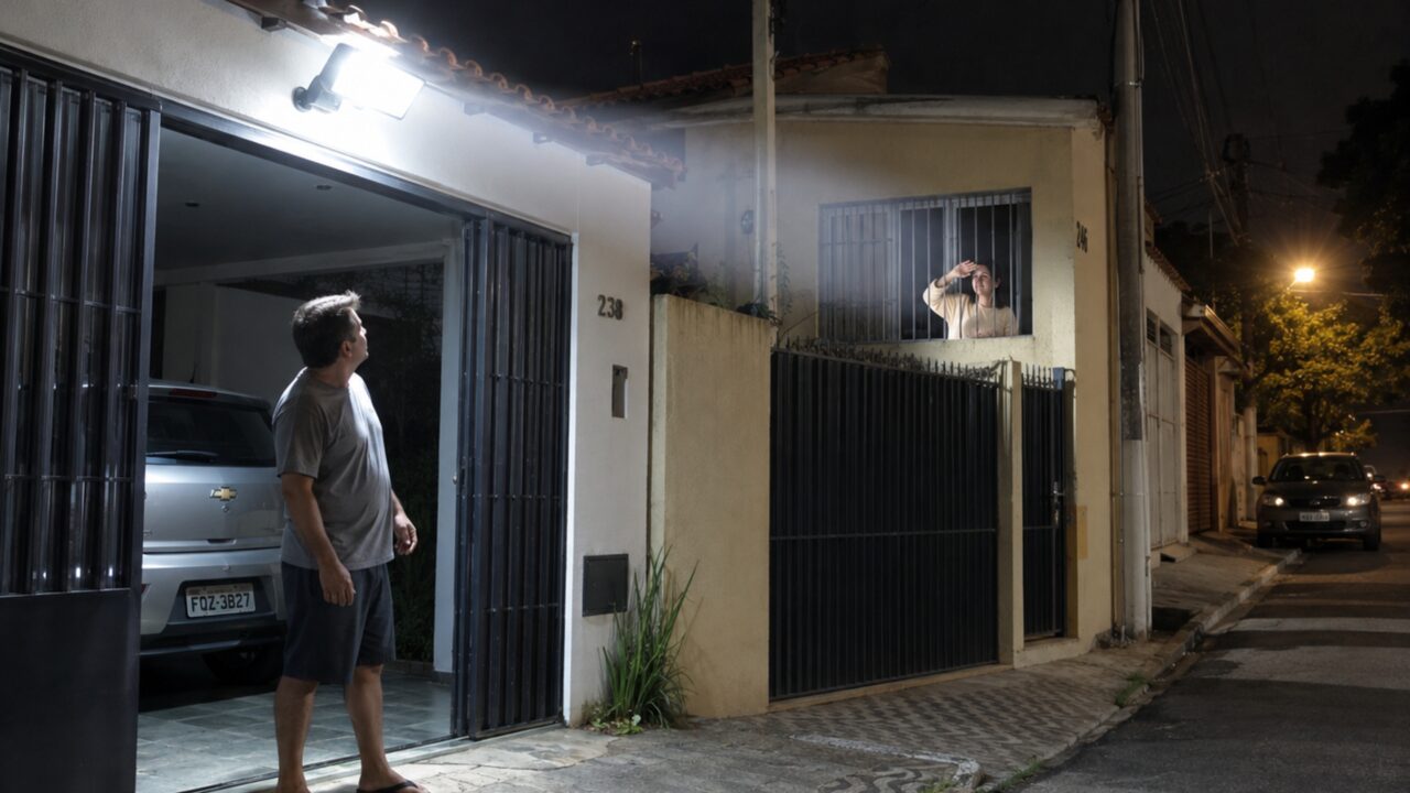 Vizinho instala refletor potente para iluminar garagem e família ao lado afirma que luz invade os quartos todas as noites, iniciando disputa para mudar posição do equipamento