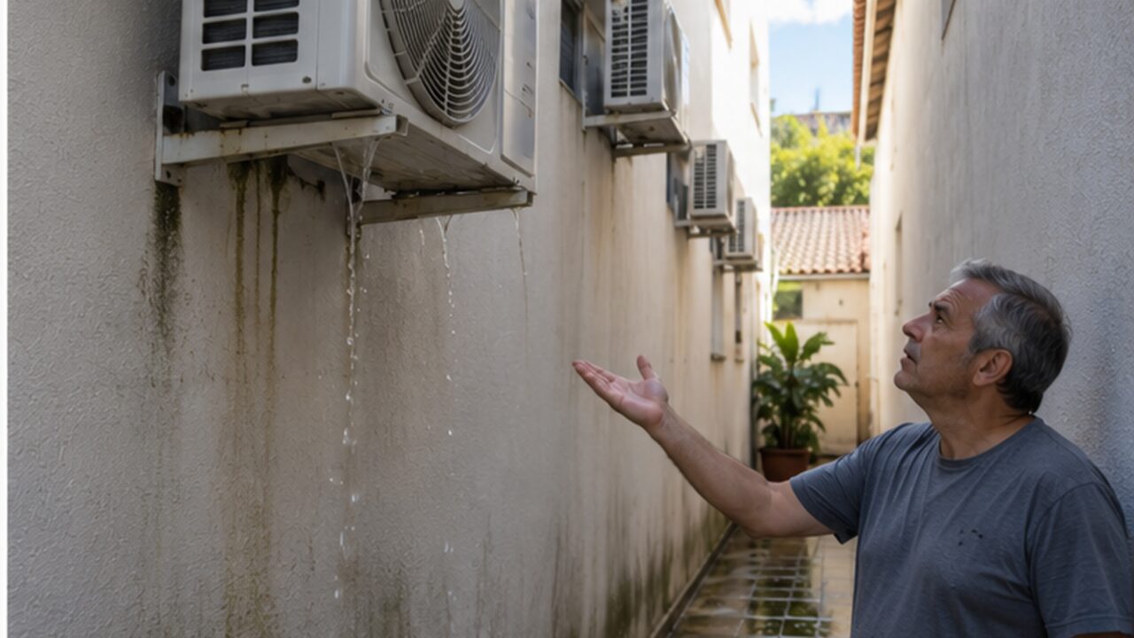 Família instala ar-condicionado em três quartos e só depois percebe que água dos aparelhos escorre diretamente sobre o corredor do vizinho, que exige retirada das condensadoras