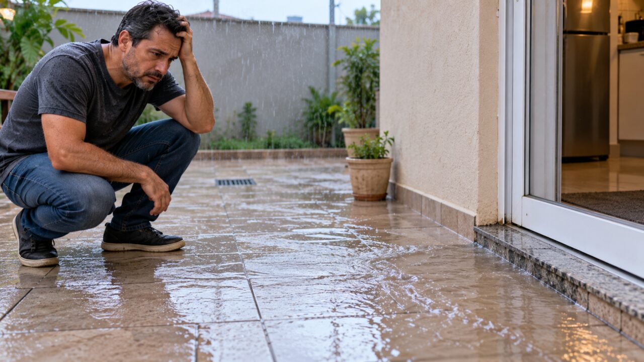 Pedreiro refaz piso do quintal e proprietário percebe depois que água da chuva passou a correr em direção à porta da cozinha