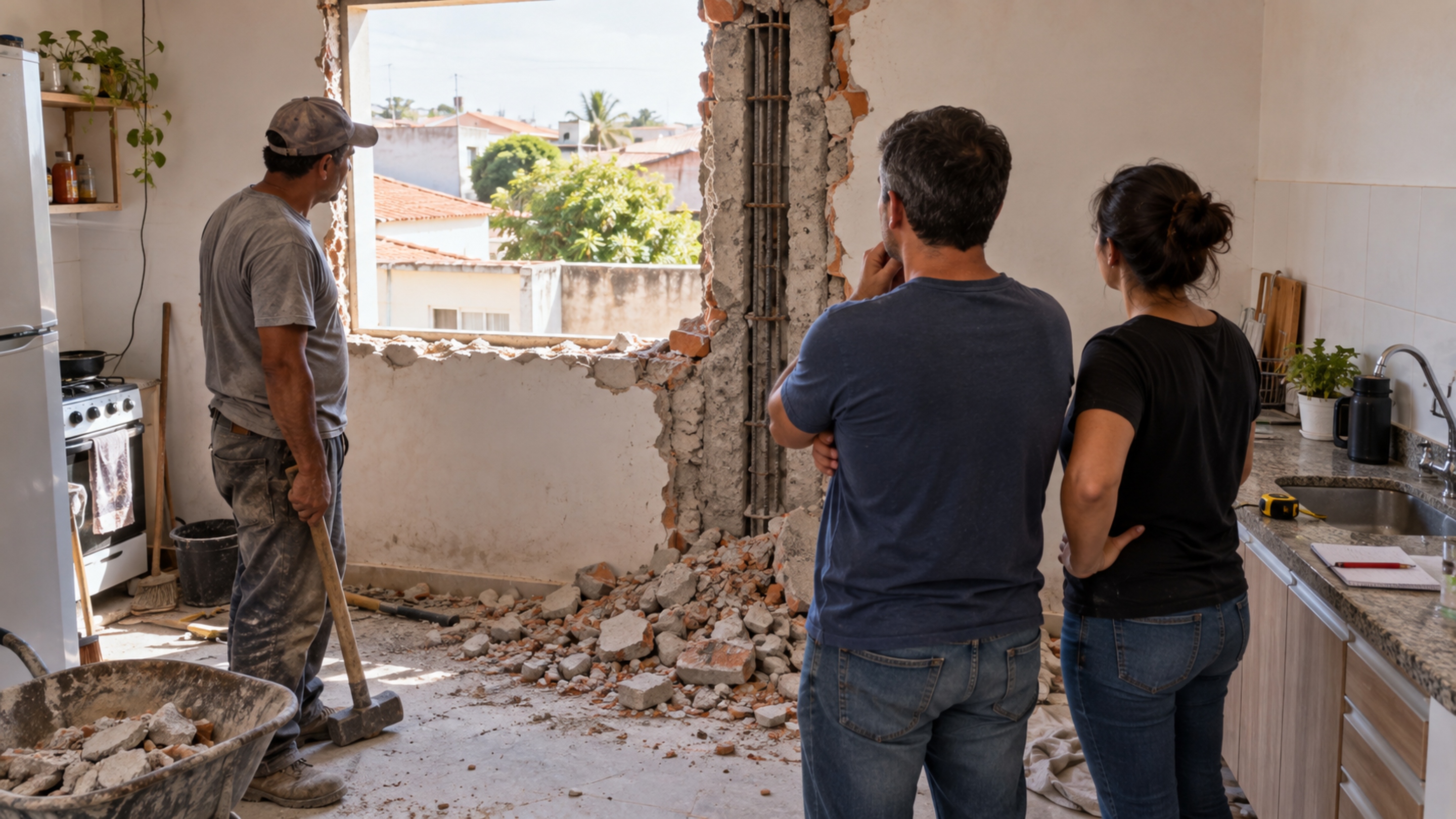 Pedreiro retira o revestimento para trocar uma janela e encontra parte da coluna escondida exatamente onde proprietário pretendia aumentar o vão
