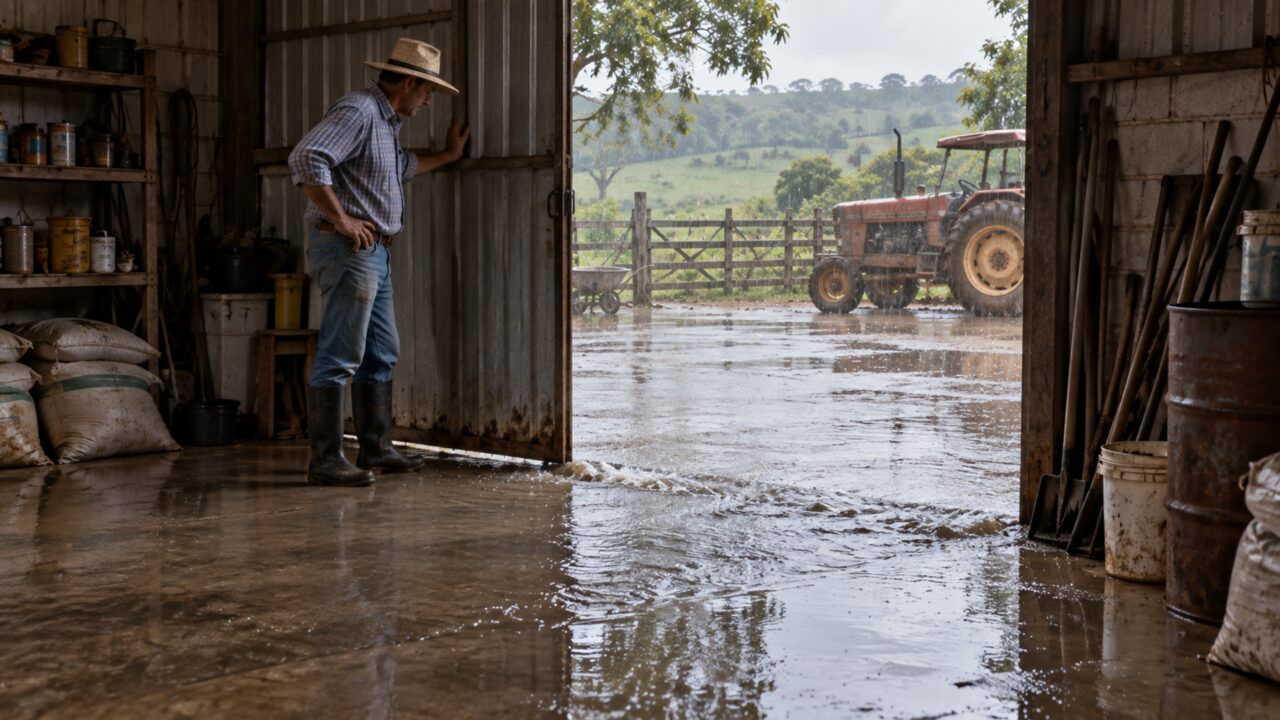Depois de concretar toda a entrada da chácara, produtor vê a primeira chuva transformar o novo piso em uma canaleta que leva água diretamente para dentro do galpão