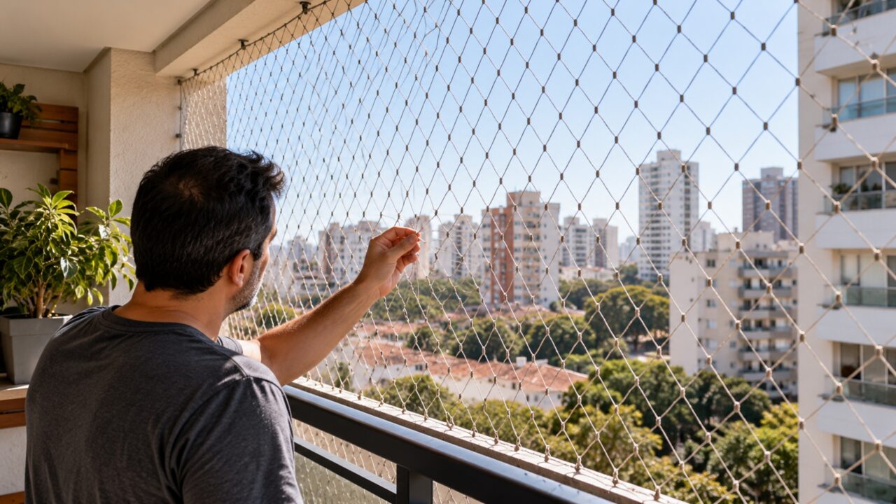 Família mantém a mesma rede de proteção na varanda desde que o primeiro filho nasceu e recebe alerta de que o material não foi feito para permanecer indefinidamente sob sol e chuva