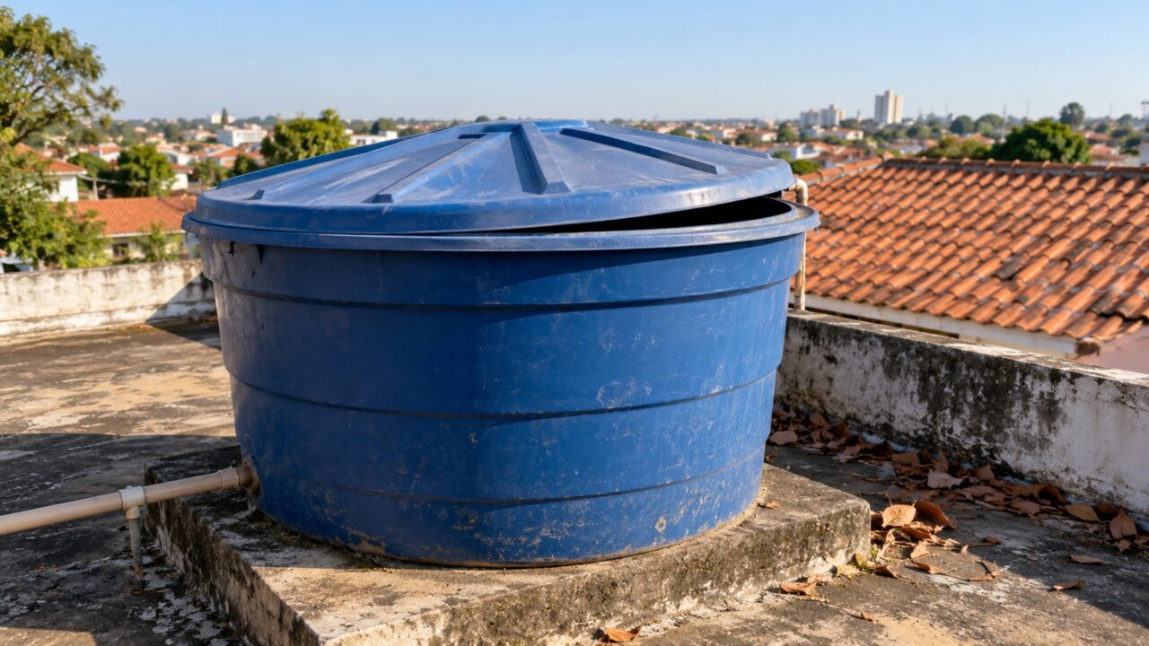 Depois de limpar a caixa-d’água, proprietário deixa a tampa apenas apoiada para facilitar a próxima manutenção e acaba eliminando uma das principais barreiras contra contaminação