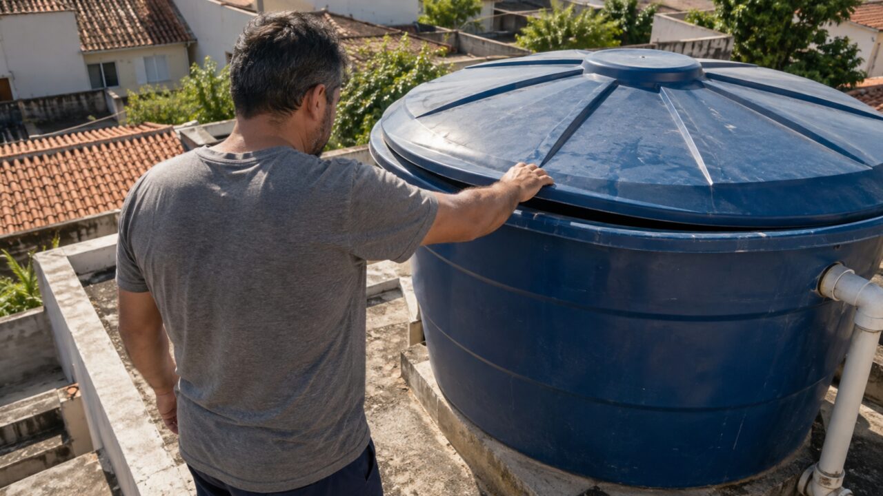 Depois de limpar a caixa-d’água, proprietário deixa a tampa apenas apoiada para facilitar a próxima manutenção e acaba eliminando uma das principais barreiras contra contaminação