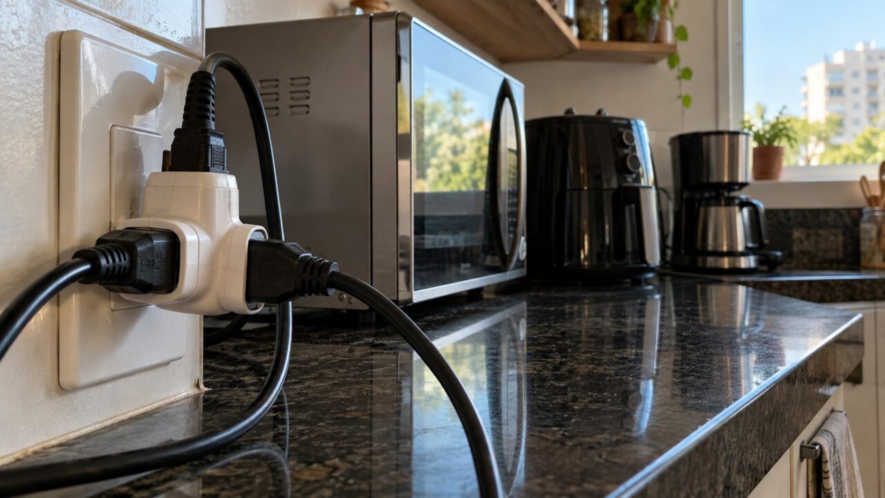 Morador liga micro-ondas, air fryer e cafeteira no mesmo adaptador para liberar tomadas da cozinha e percebe por que o conhecido “benjamin” preocupa os Bombeiros