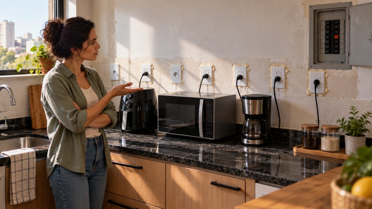 Família instala seis tomadas novas na cozinha e se surpreende ao perceber que aumentar o número de pontos não aumenta automaticamente a capacidade elétrica da instalação