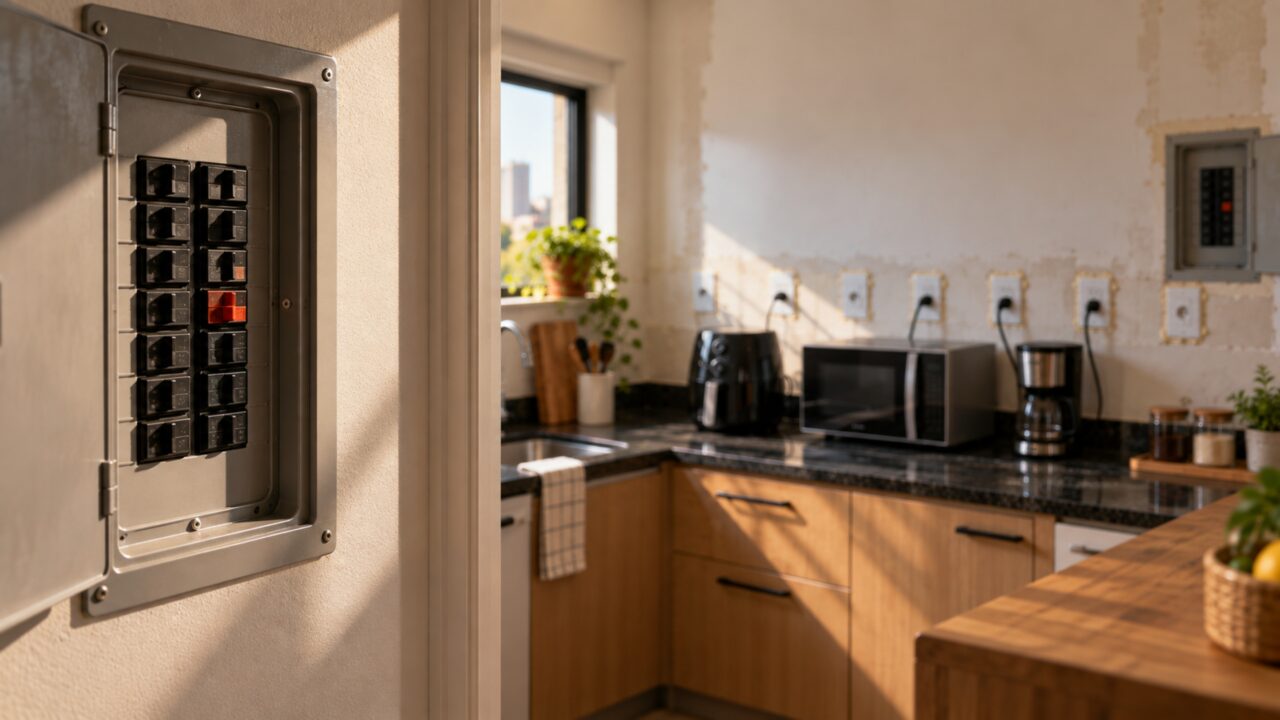 Família instala seis tomadas novas na cozinha e se surpreende ao perceber que aumentar o número de pontos não aumenta automaticamente a capacidade elétrica da instalação