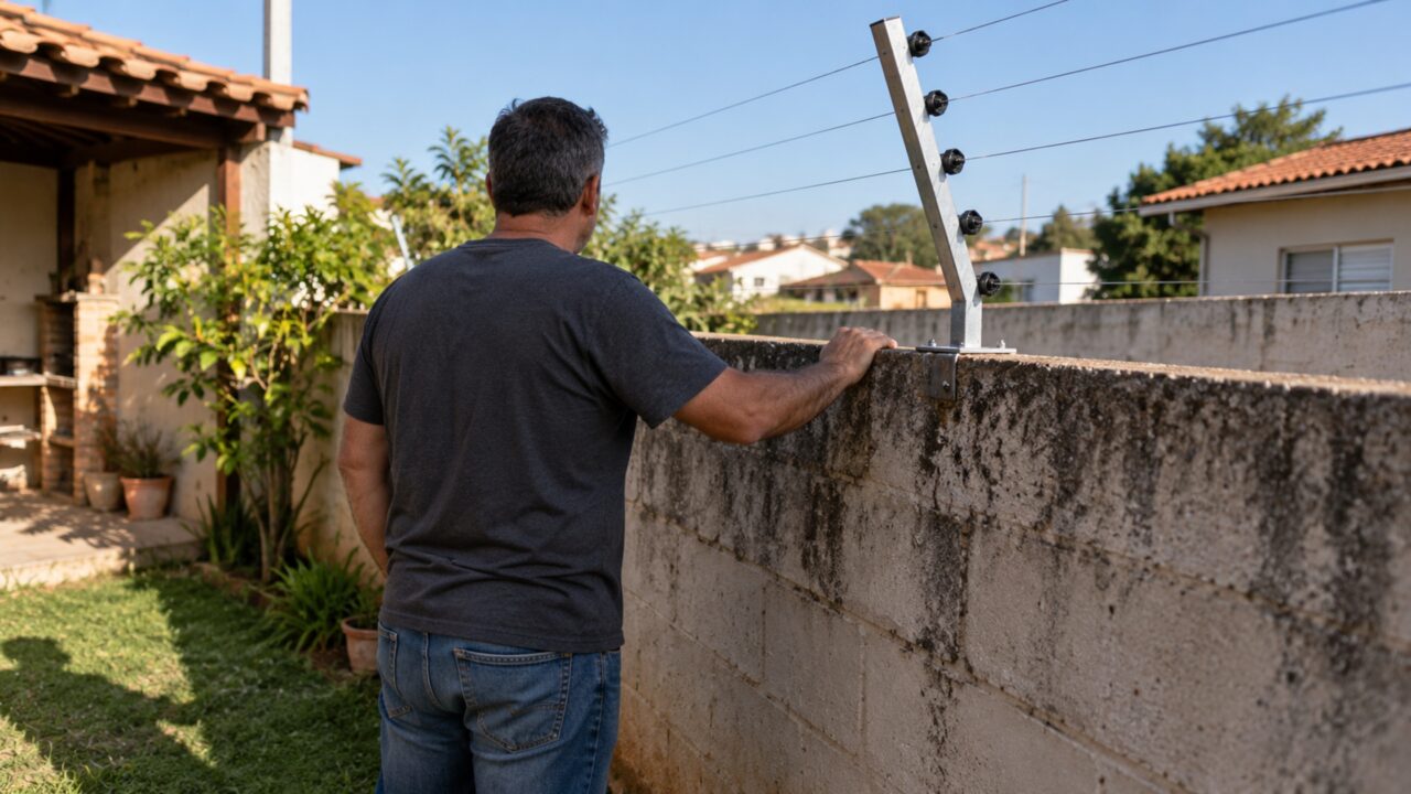 Morador instala cerca elétrica sobre o muro depois de tentativa de invasão e vizinho reclama que os fios ficaram inclinados para o lado de sua casa, transformando uma medida de segurança em disputa entre os dois imóveis