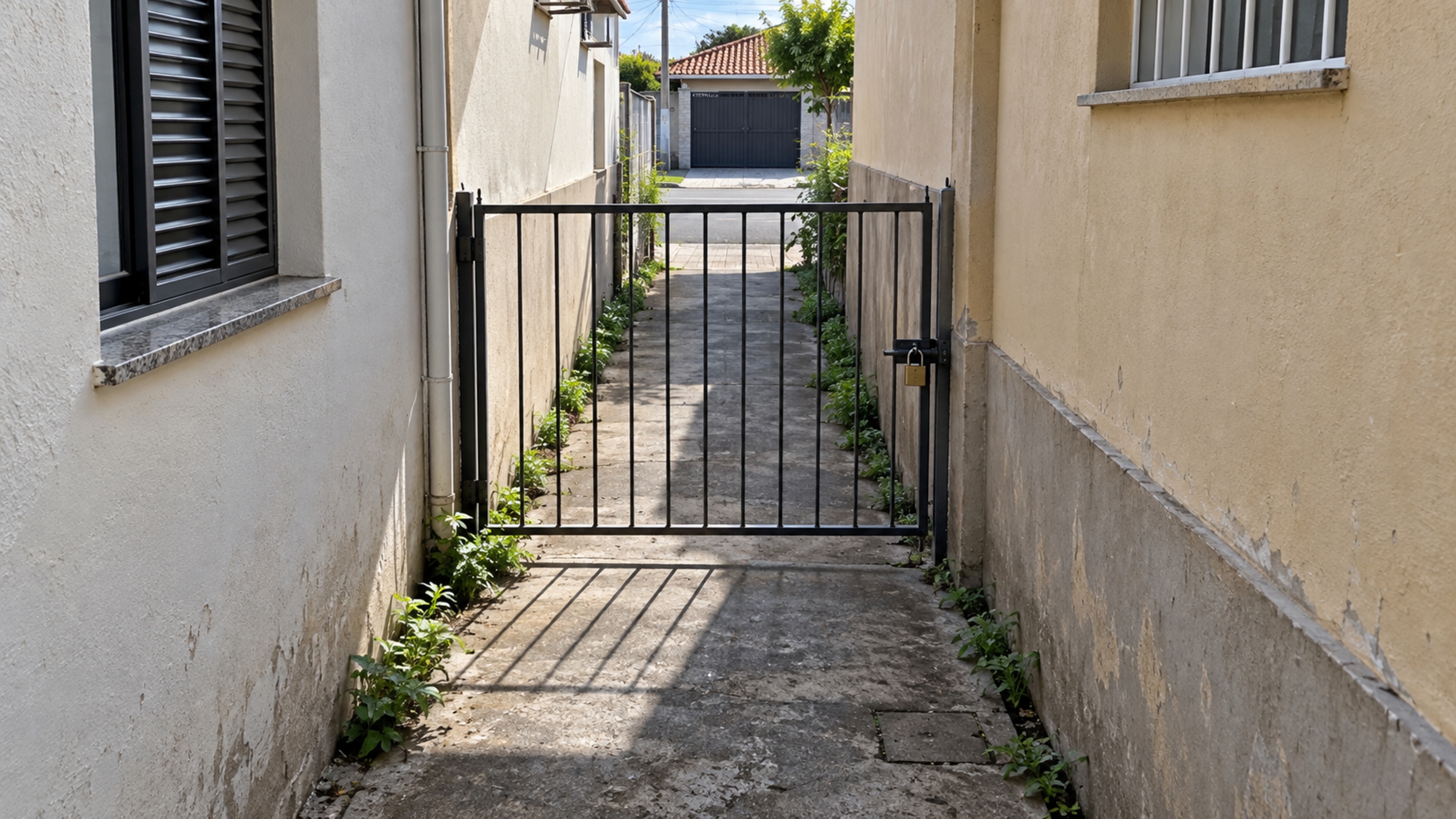 Família coloca uma grade alta no corredor lateral para impedir que crianças cheguem à rua e vizinho afirma que estrutura bloqueou a passagem usada em emergências entre as duas casas