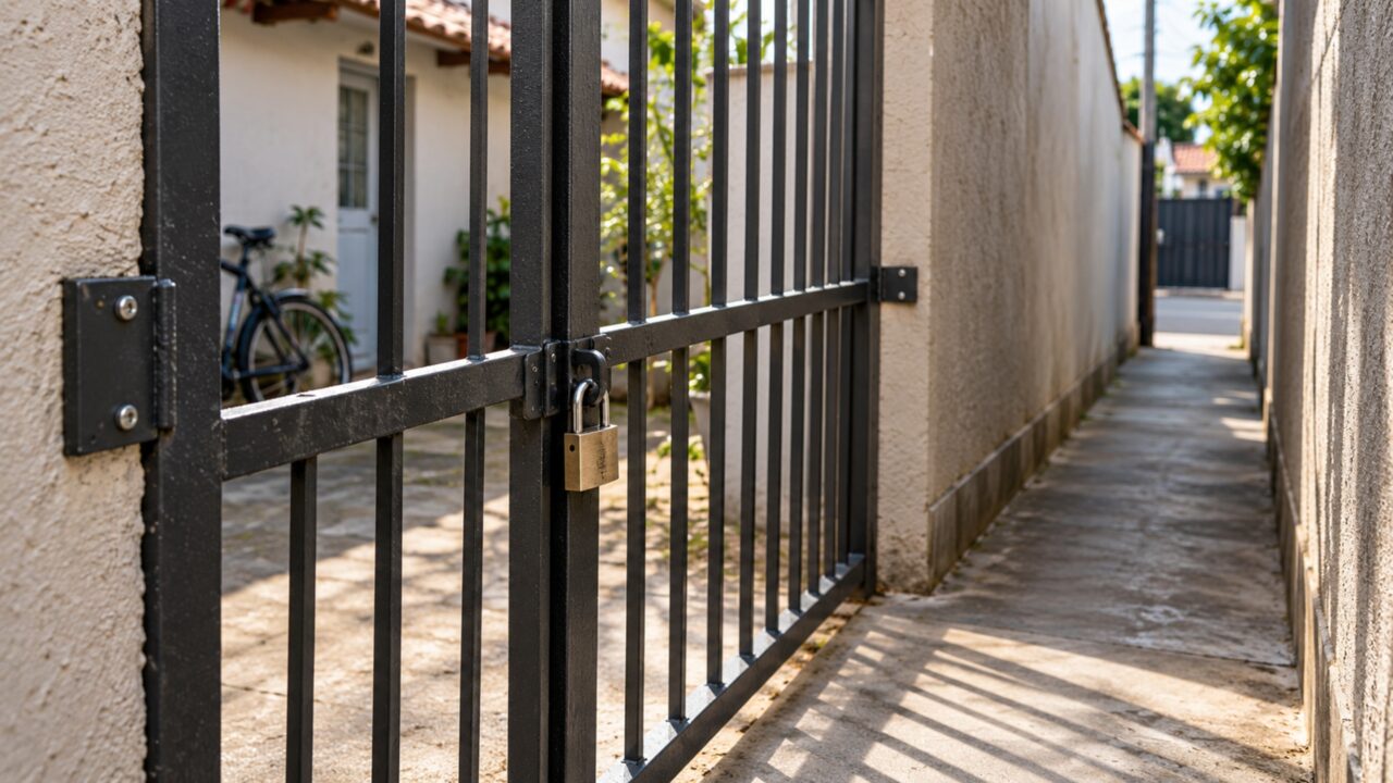 Família coloca uma grade alta no corredor lateral para impedir que crianças cheguem à rua e vizinho afirma que estrutura bloqueou a passagem usada em emergências entre as duas casas