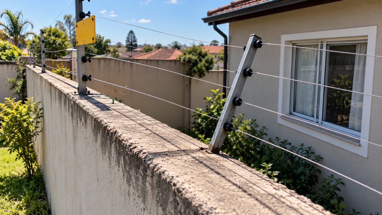 **1.** Fotografia editorial realista, horizontal 16:9, vista contextual levemente alta de um muro de alvenaria brasileiro que divide dois terrenos vizinhos. Sobre o muro, uma cerca elétrica residencial com suportes metálicos está instalada; um dos suportes aparece inclinado em direção ao terreno vizinho, com os fios avançando sobre o espaço do lote ao lado. A janela da casa vizinha é visível do outro lado do muro, próxima aos fios. Placa de advertência amarela visível no lado do morador, sem texto legível. Céu claro de manhã, sombra da cerca projetada sobre o muro, vegetação rasteira dos dois lados, sem pessoas, sem logotipos, sem setas. **2.** Fotografia editorial realista, horizontal 16:9, ângulo ao nível dos olhos, mostrando o morador vizinho adulto visto de três quartos, com expressão discreta de preocupação, em pé no quintal da própria casa, olhando para os fios da cerca elétrica que avançam inclinados sobre a divisa. Atrás dele, a parede da própria casa e uma janela aberta com cortina, sinalizando a proximidade da área privada. Luz natural de manhã, sombra do morador projetada no chão, sem pose teatral, sem texto, sem logotipos, sem colagem. **3.** Fotografia editorial realista, horizontal 16:9, close-up oblíquo do suporte metálico da cerca elétrica instalado no topo do muro, com os fios tensionados apontando em direção inclinada para o lado vizinho. A base do suporte está fixada no lado do morador, mas os fios se projetam claramente para além da linha do muro. Do outro lado, um pedaço do telhado e da janela da casa vizinha aparece desfocado ao fundo. Luz natural lateral reforçando a textura do metal e do reboco, placa de advertência parcialmente visível sem texto legível, sem mãos, sem logotipos. **4.** Fotografia editorial realista, horizontal 16:9, objeto principal em primeiro plano com o contexto atrás: o suporte da cerca elétrica com os fios inclinados aparece nítido em primeiro plano, no topo do muro, e ao fundo desfocado o quintal do vizinho com uma janela aberta, uma área de circulação e vegetação, evidenciando o alcance da projeção sobre o terreno alheio. Ângulo levemente baixo a partir do lado do morador, luz natural de manhã, sombra da cerca projetada sobre o muro, sem pessoas, sem texto, sem setas, sem exagero visual.