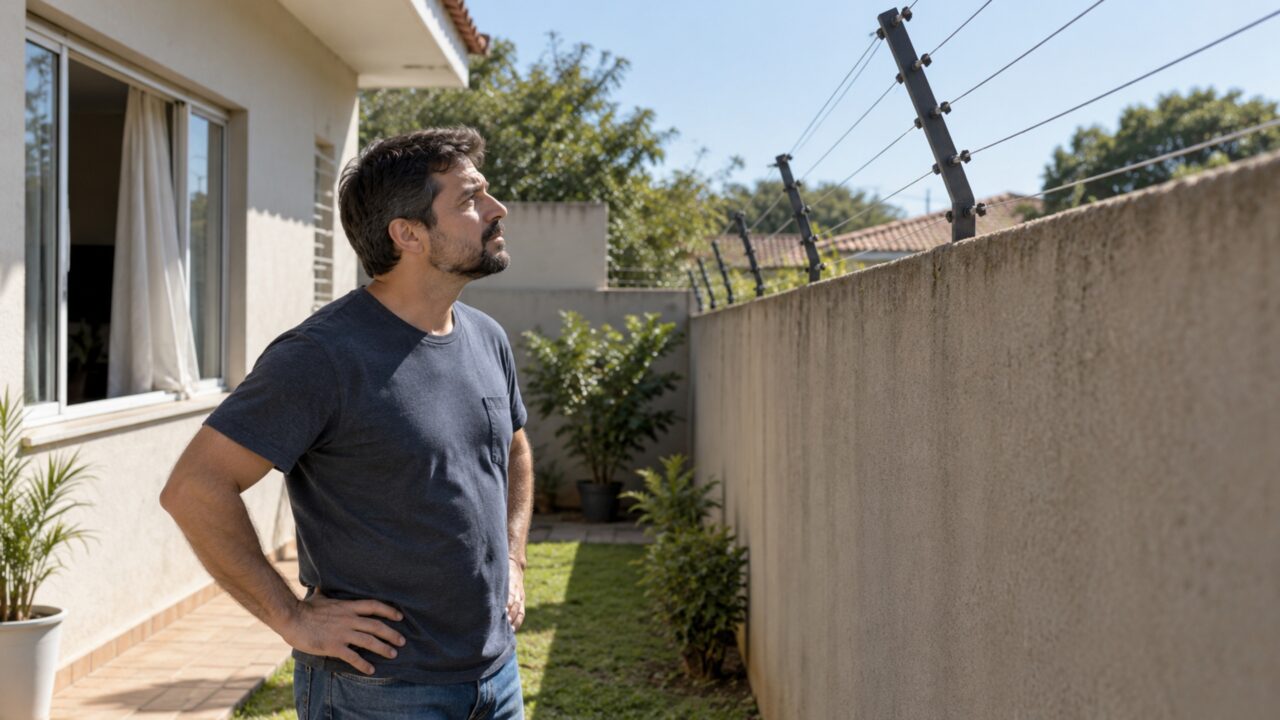 Morador instala cerca elétrica sobre o muro depois de tentativa de invasão e vizinho reclama que os fios ficaram inclinados para o lado de sua casa, transformando uma medida de segurança em disputa entre os dois imóveis