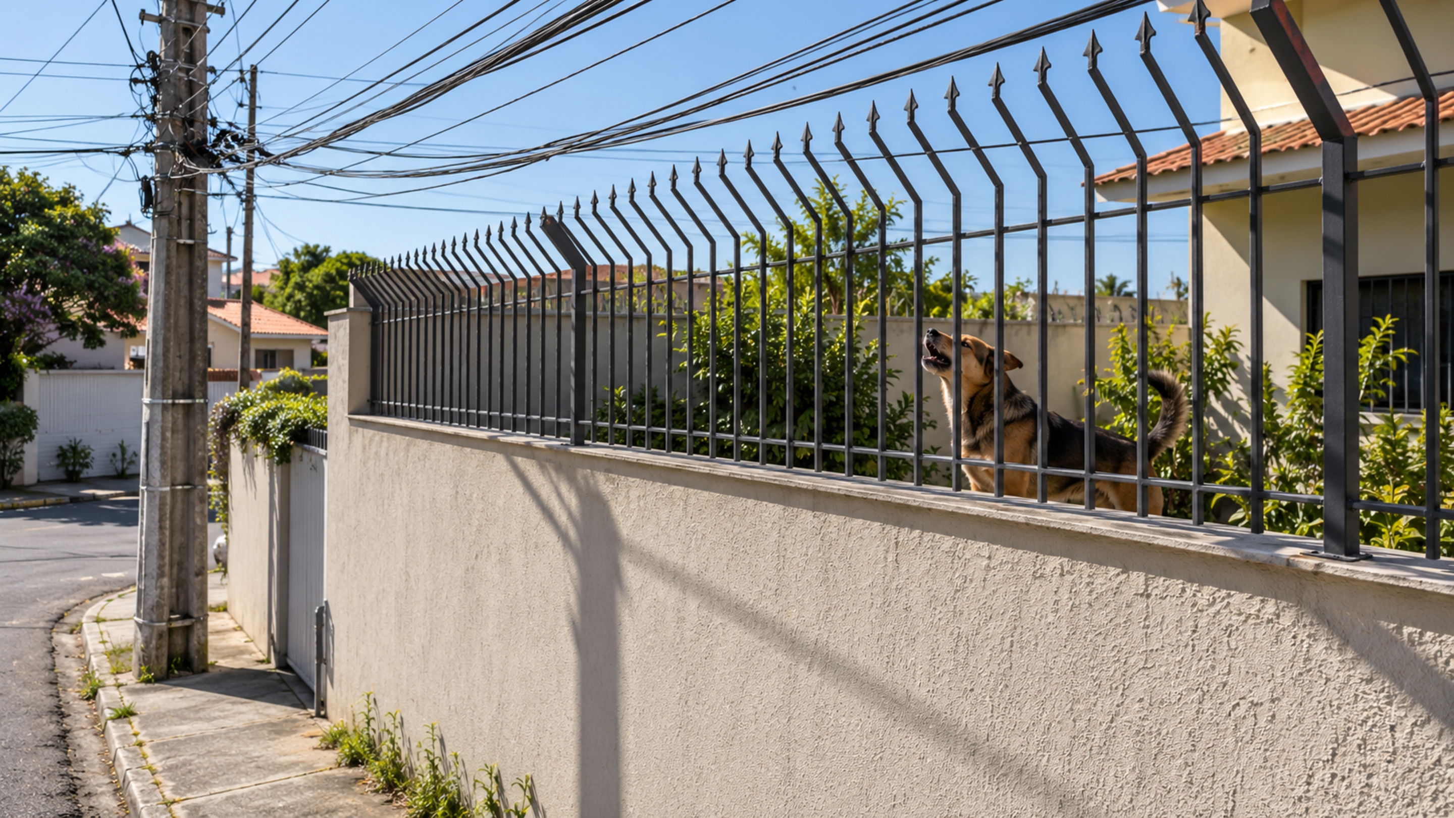 Para evitar que o cachorro atravesse para a casa ao lado, proprietário aumenta a altura da cerca e só depois percebe que deixou a fiação elétrica do vizinho ao alcance da nova estrutura metálica