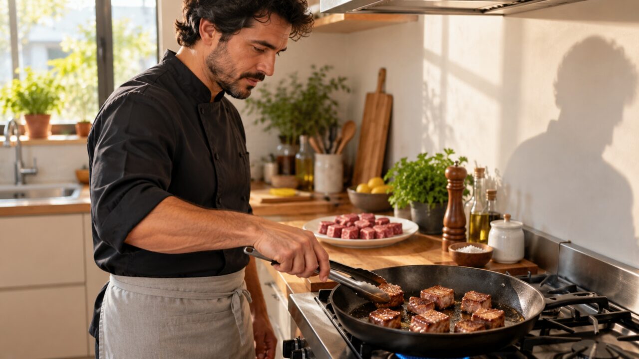 Cozinheiros evitam lotar a frigideira ao dourar carne: o erro faz os pedaços soltarem água em vez de formar crosta