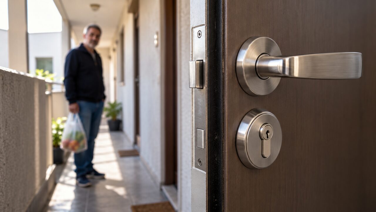 Uma simples troca de fechadura vira discussão quando o novo modelo abre para fora e passa a avançar sobre o corredor compartilhado com o apartamento vizinho