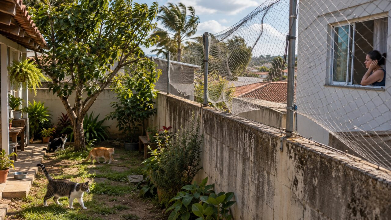 Vizinha coloca tela metálica acima do muro para impedir que os gatos escapem e família ao lado reclama depois que a estrutura começa a vibrar e bater durante noites de vento