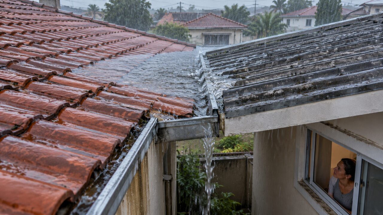 No primeiro temporal depois da instalação, água começa a acumular sobre a cobertura que dois vizinhos dividem e cada um atribui o problema à obra feita pelo outro
