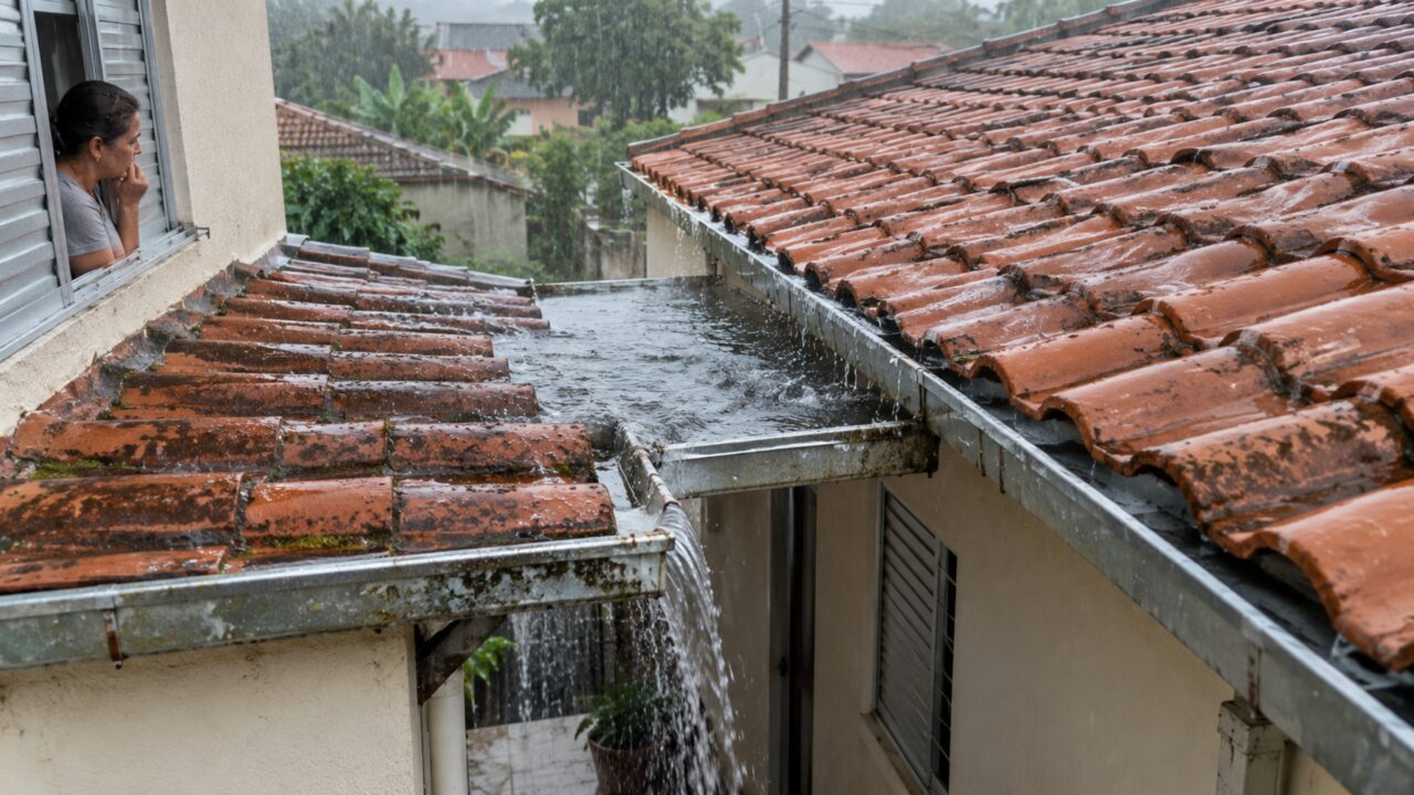No primeiro temporal depois da instalação, água começa a acumular sobre a cobertura que dois vizinhos dividem e cada um atribui o problema à obra feita pelo outro