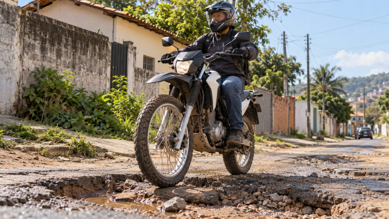 Roda dianteira de 19 polegadas, 243 mm de vão livre e apenas 128 kg a seco ajudam esta trail de 184,4 cc a atravessar ruas ruins sem virar uma moto pesada