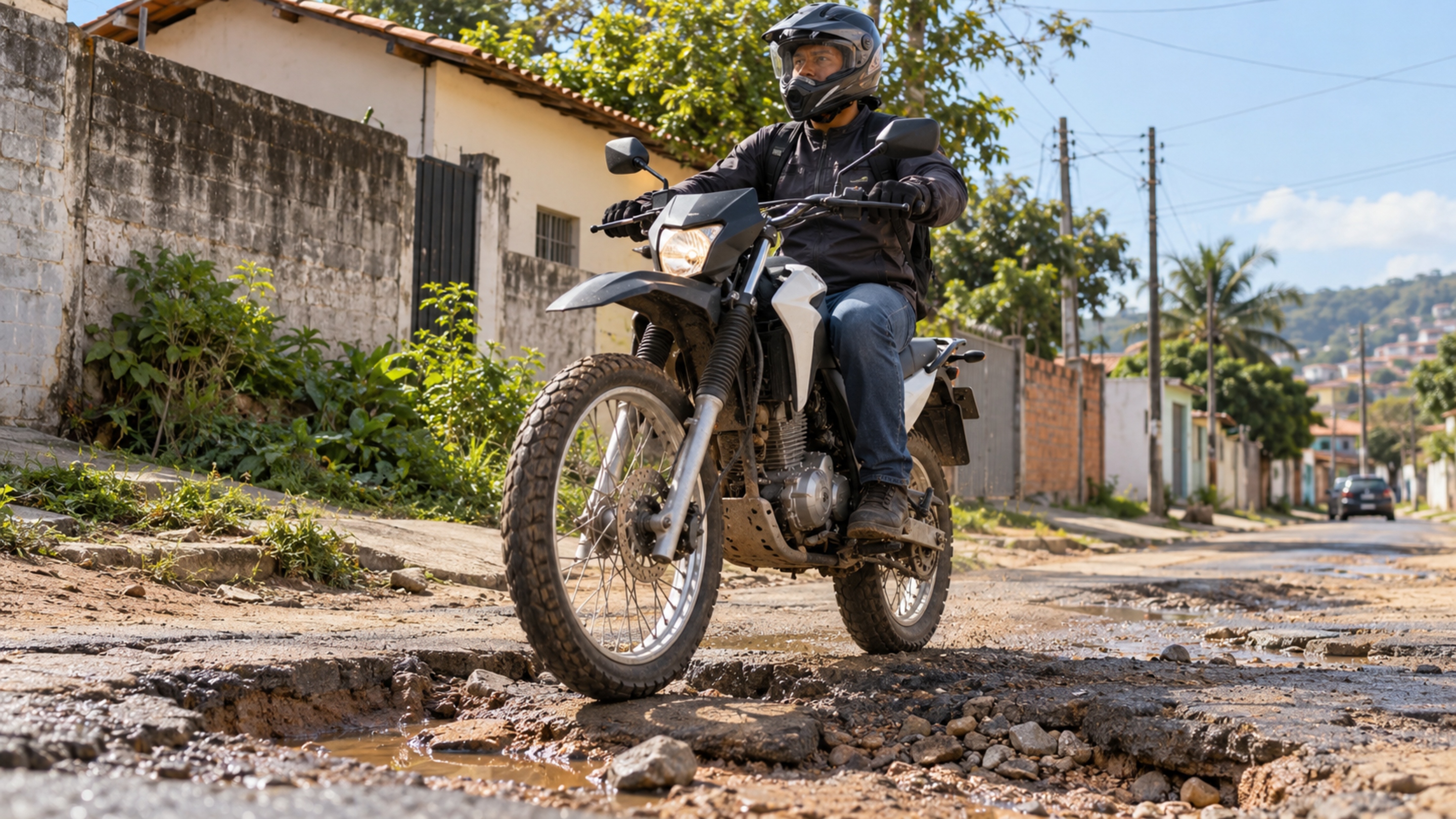 Roda dianteira de 19 polegadas, 243 mm de vão livre e apenas 128 kg a seco ajudam esta trail de 184,4 cc a atravessar ruas ruins sem virar uma moto pesada