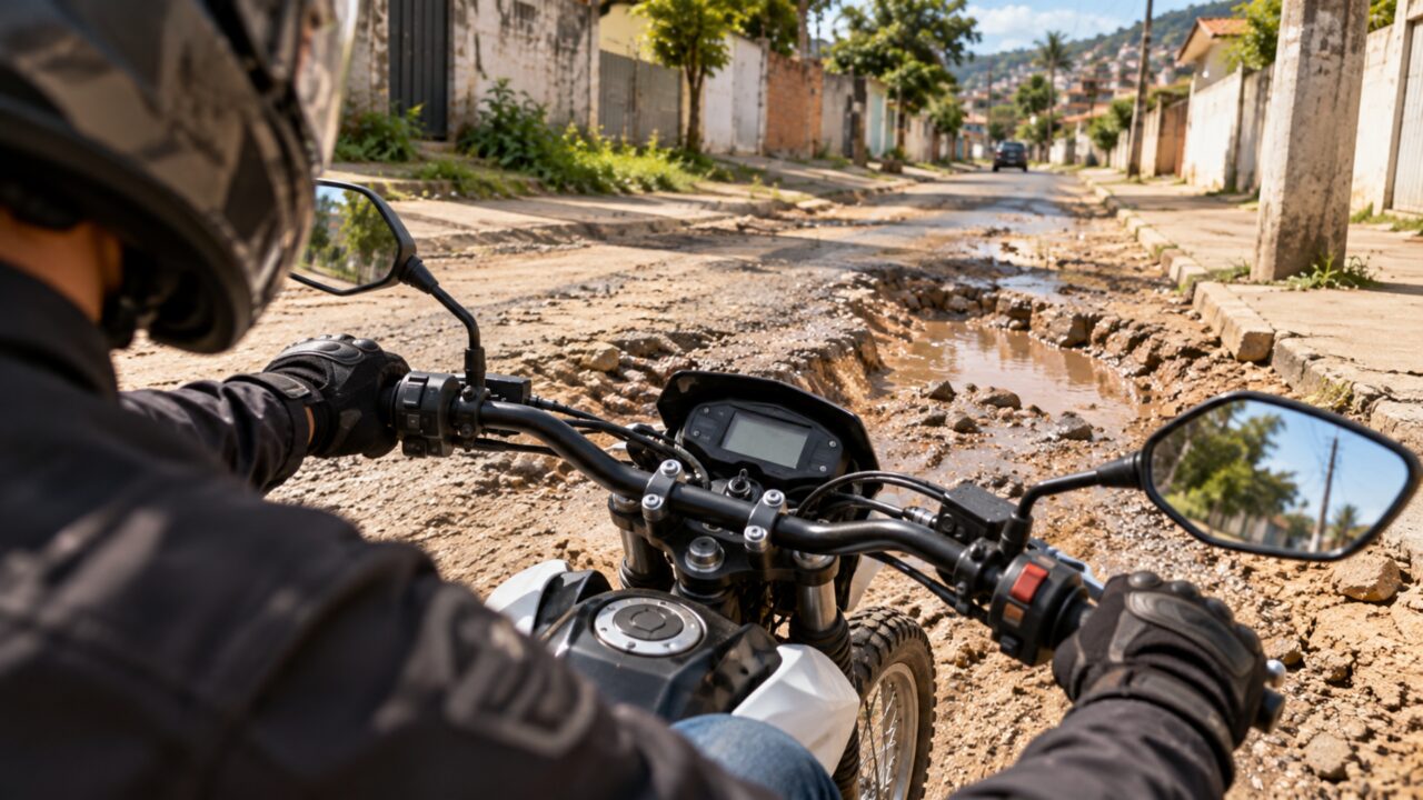 Roda dianteira de 19 polegadas, 243 mm de vão livre e apenas 128 kg a seco ajudam esta trail de 184,4 cc a atravessar ruas ruins sem virar uma moto pesada