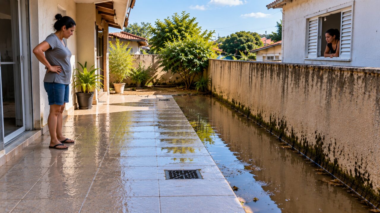 O novo piso antiderrapante resolve o problema de escorregões no quintal, mas vizinho reclama porque a obra elevou a passagem e a água passou a parar junto ao muro