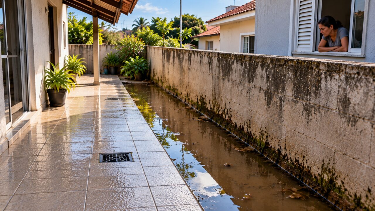 O novo piso antiderrapante resolve o problema de escorregões no quintal, mas vizinho reclama porque a obra elevou a passagem e a água passou a parar junto ao muro