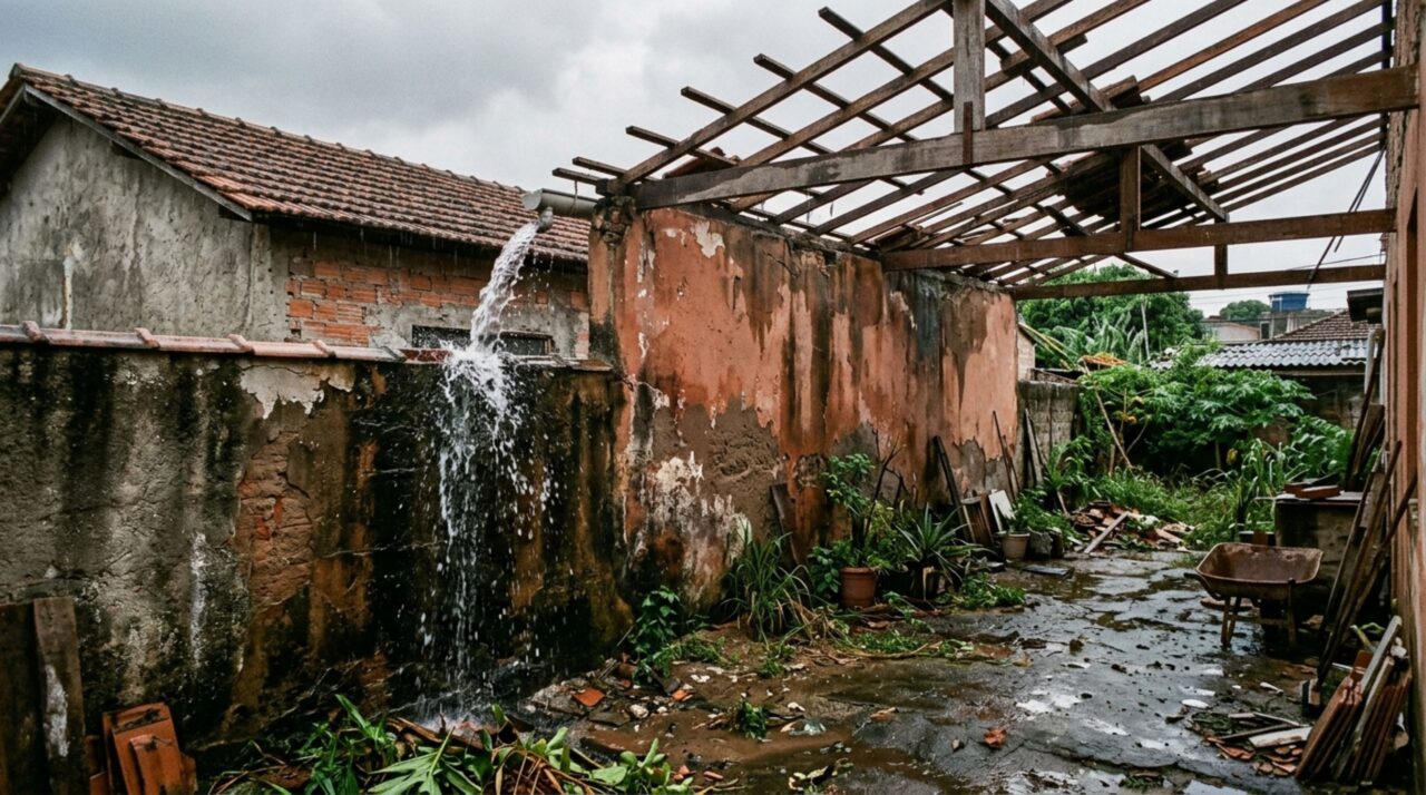 Casal compra casa antiga, remove uma cobertura para criar um jardim e, durante a obra, descobre que a calha do vizinho despejava água dentro do seu terreno, causando mofo e infiltração durante anos nas paredes laterais