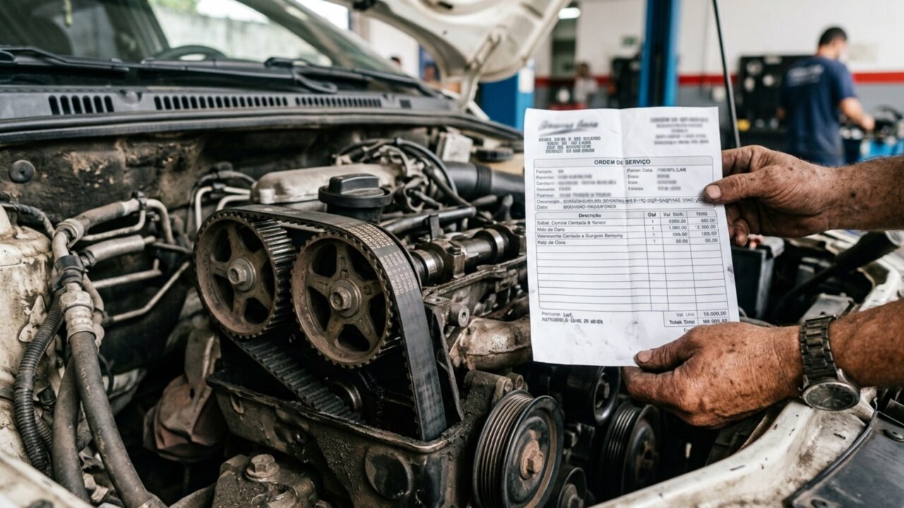 Motorista troca a correia dentada fora da concessionária para economizar R$ 1.200, o motor quebra três meses depois e a peça usada vira o centro da disputa pela garantia
