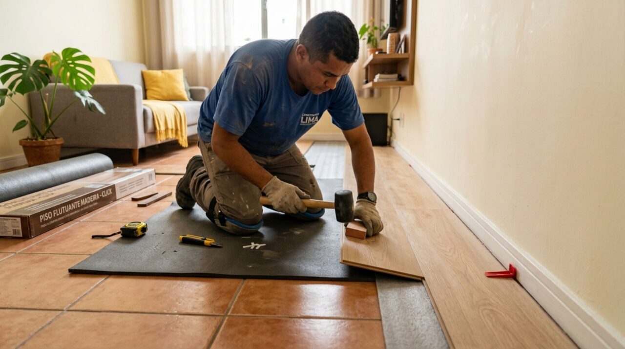 Sem remover a cerâmica nem refazer todo o contrapiso: uma forma de renovar a sala usando piso flutuante sobre uma base nivelada